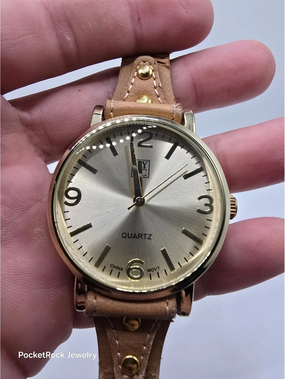 Quartz Analog Round Watch Silver Dial Gold Tone Case Brown Leather Strap